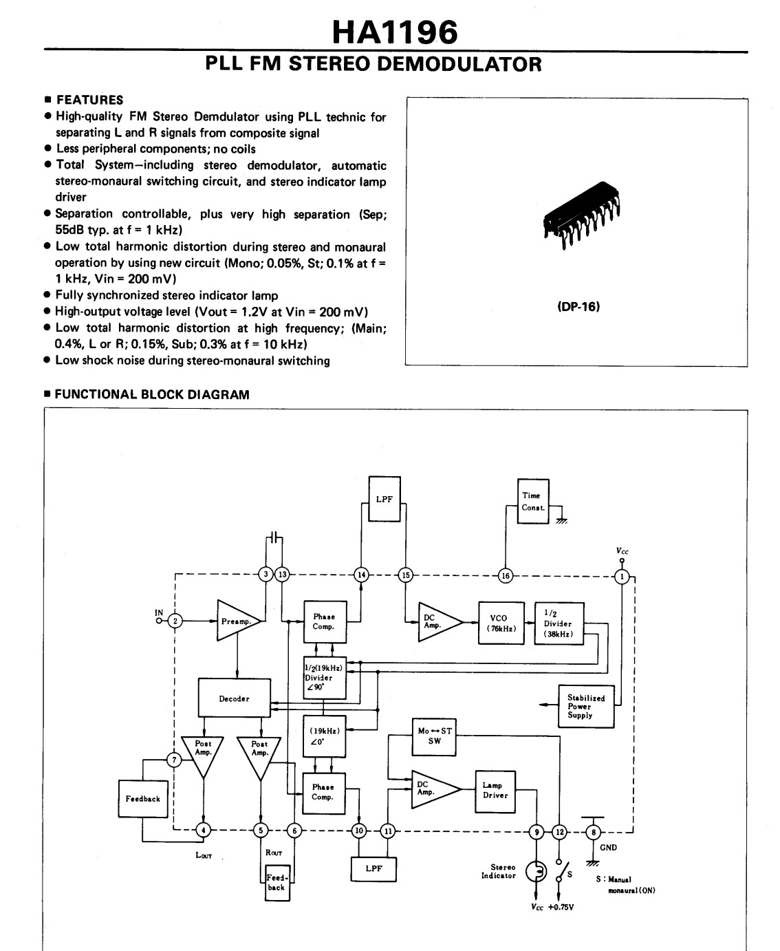 1X HA1196 HITACHI PLL FM Stereo Demodulator IC 55dB Separation DIP-16
