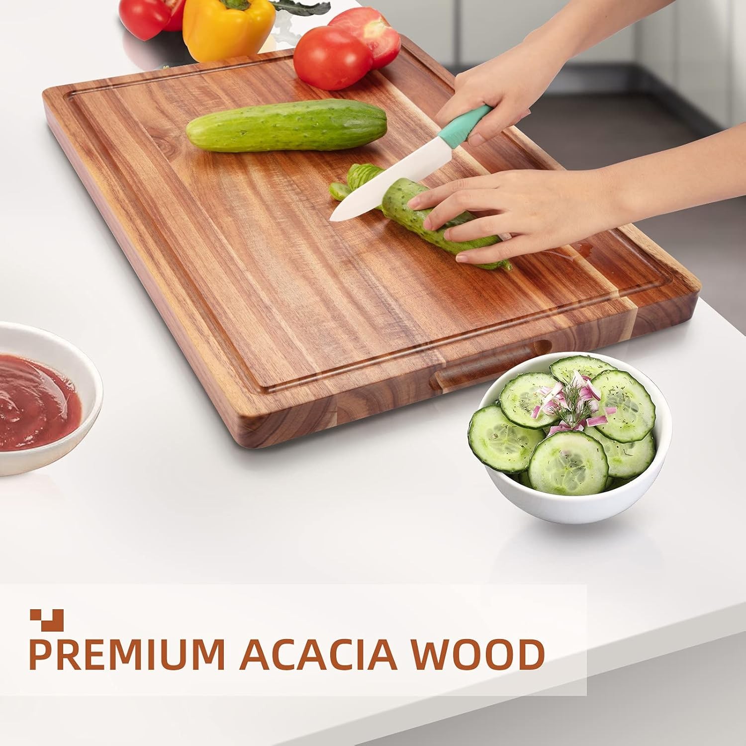 Extra Large Cutting Board Acacia Wood Cutting Board w/ Grip Handles Juice Groove