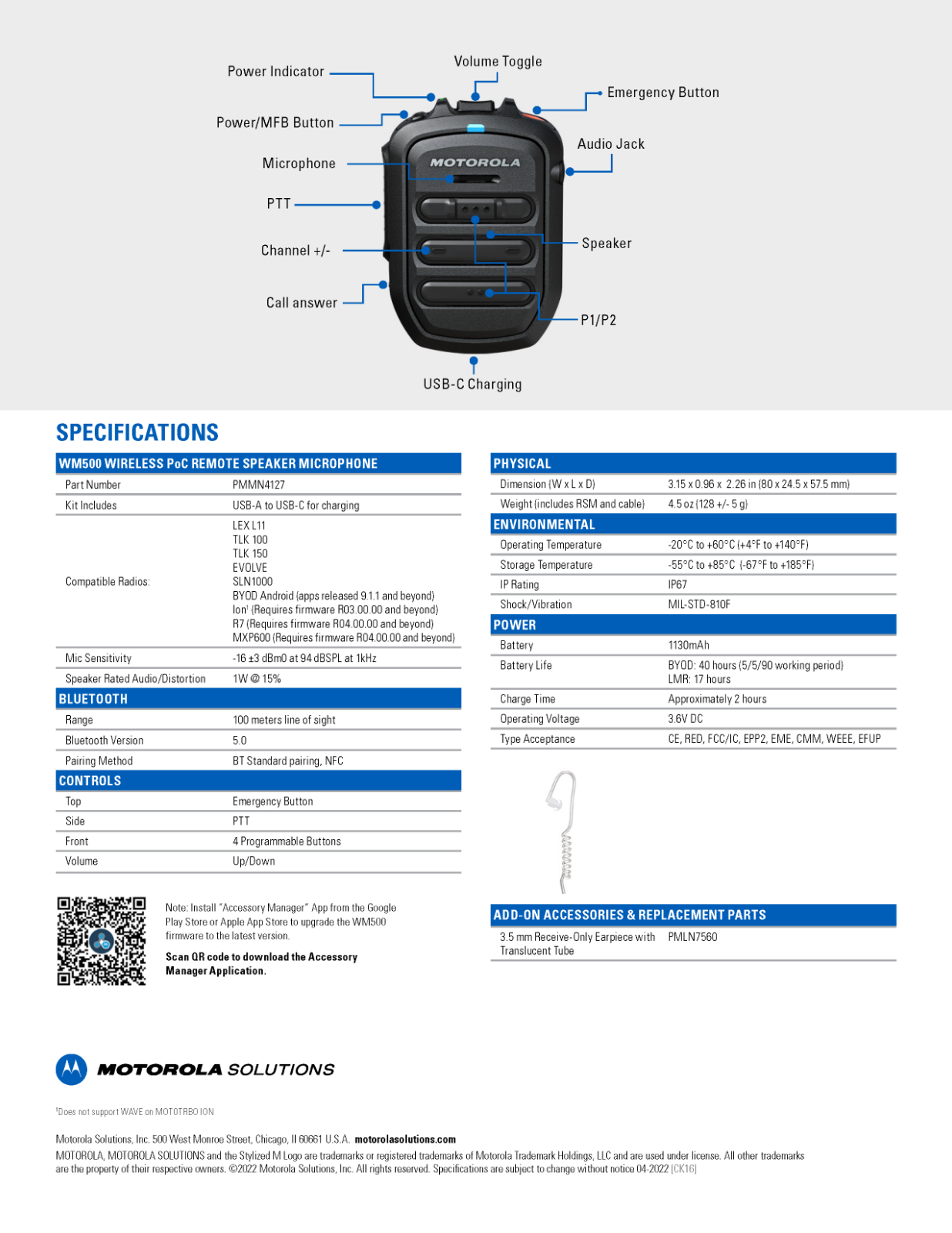WM500 PMMN4127 Motorola BT Wireless RSM for ION, EVOLVE, R7, WAVE, NITRO, PoC