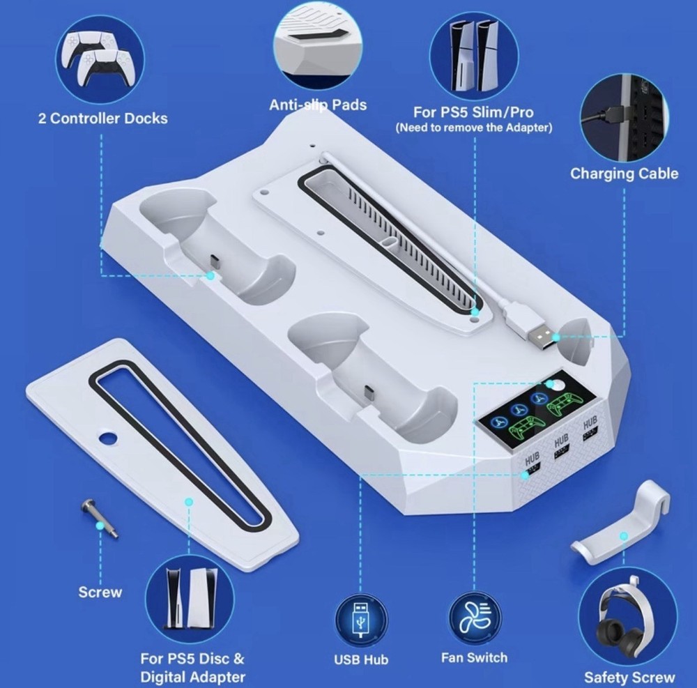 *WHITE* Multifunctional PS5 Cooling Stand + Dual Controller Charger + USB Hubs