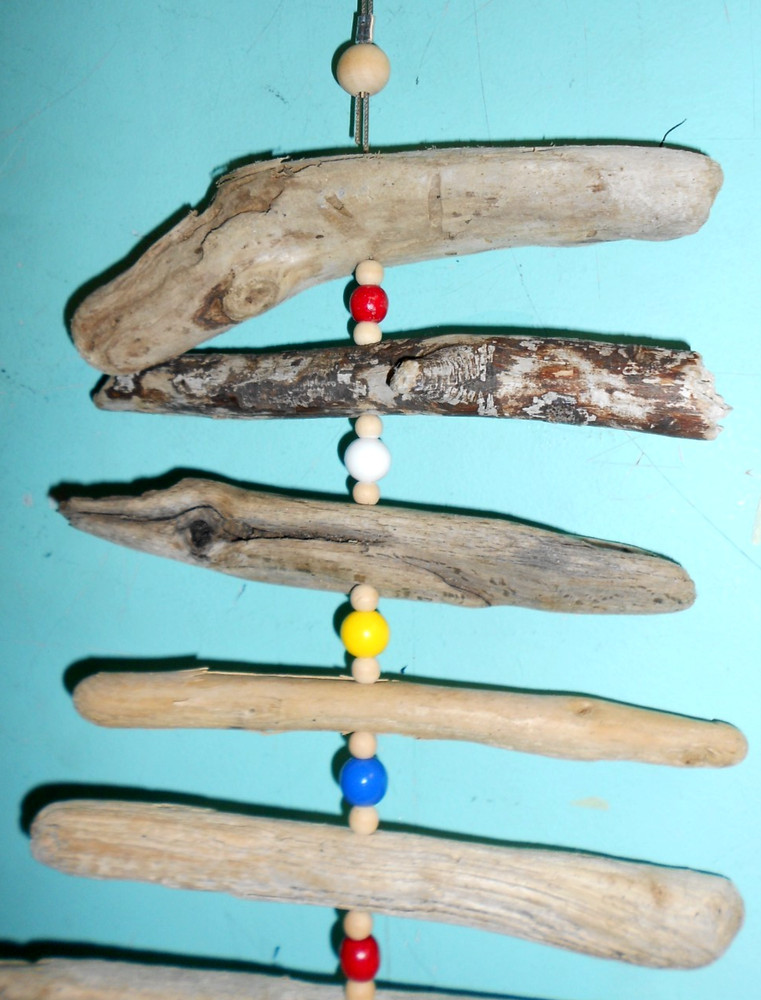 assorted driftwood mobile with buoy float bell handmade size 48"