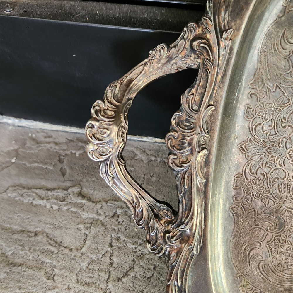 Antique SILVER PLATE 23" LONG RECTANGULAR FOOTED TRAY WITH HANDLES Heavy