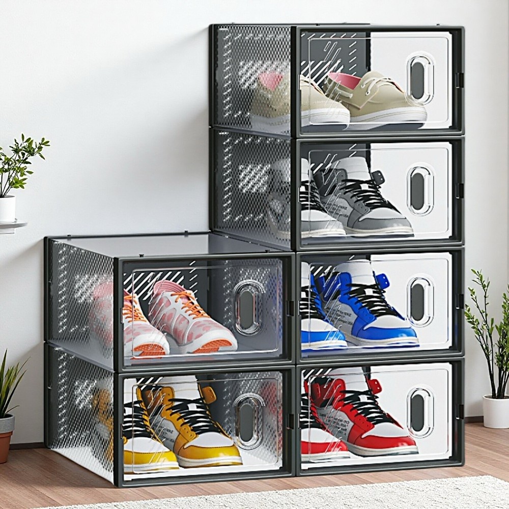 6-Pack Shoe Storage Boxes - Stackable, Plastic Mesh, Door, Black & Small Size