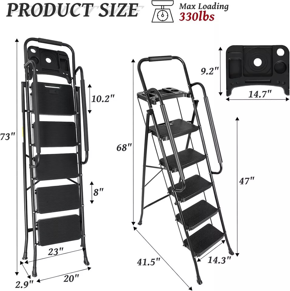 5 Step 330 lbs Non-Slip Stool Ladder with Handrails folding Tool Tray Platform