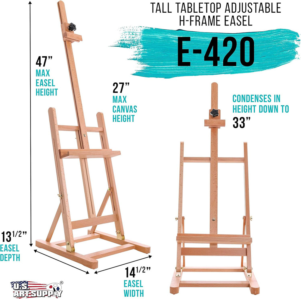 Medium Tabletop Wooden H-Frame Studio Easel - Artists Adjustable Beechwood Paint