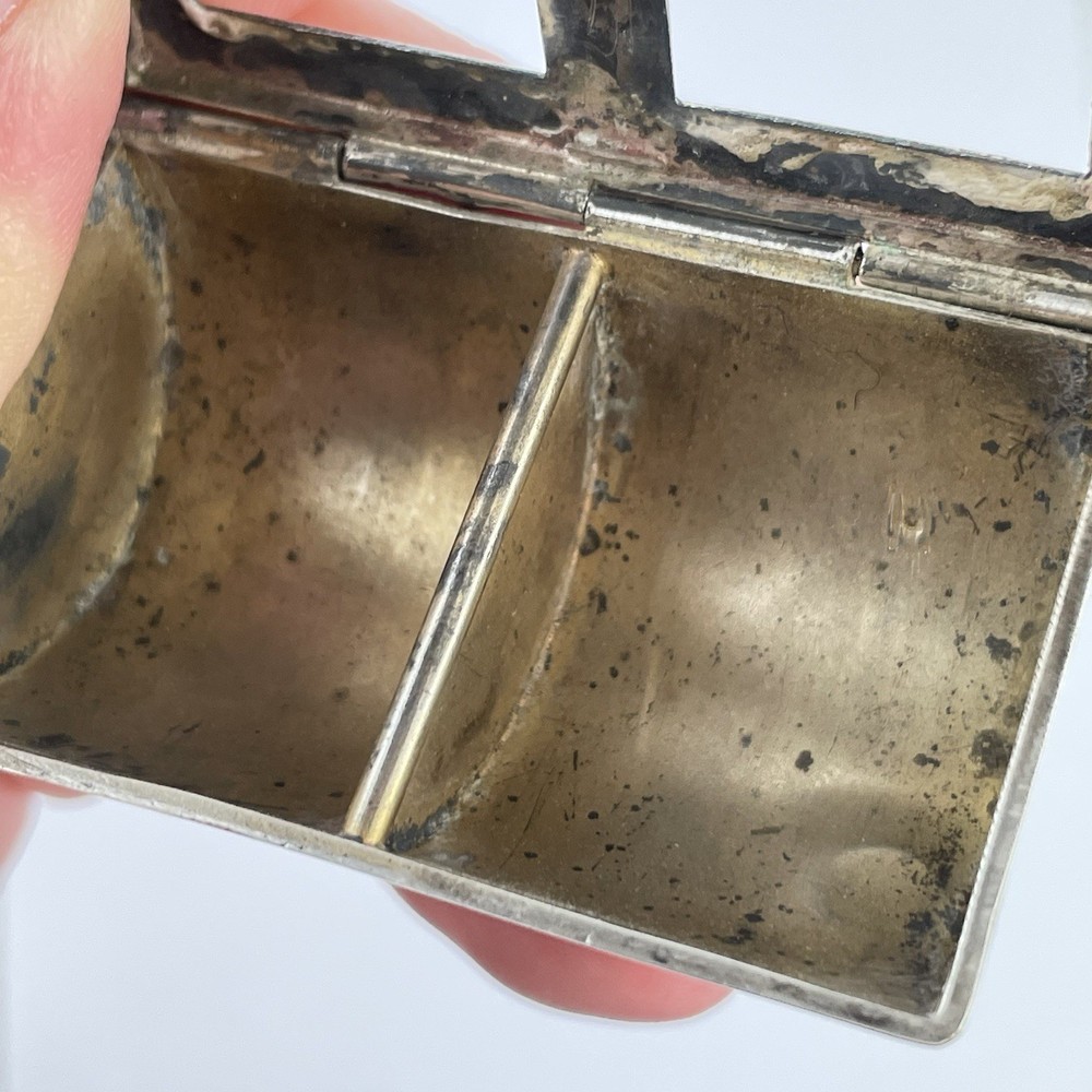 Antique Solid Sterling Silver Double Stamp Case / Box 1909 5.5cm Glass Missing