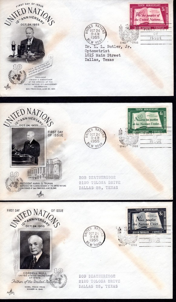 1955 UN ~ SC# 35-37 ~ 10th Anniversary Issues ~ FDC's ~ Art Craft Cachet