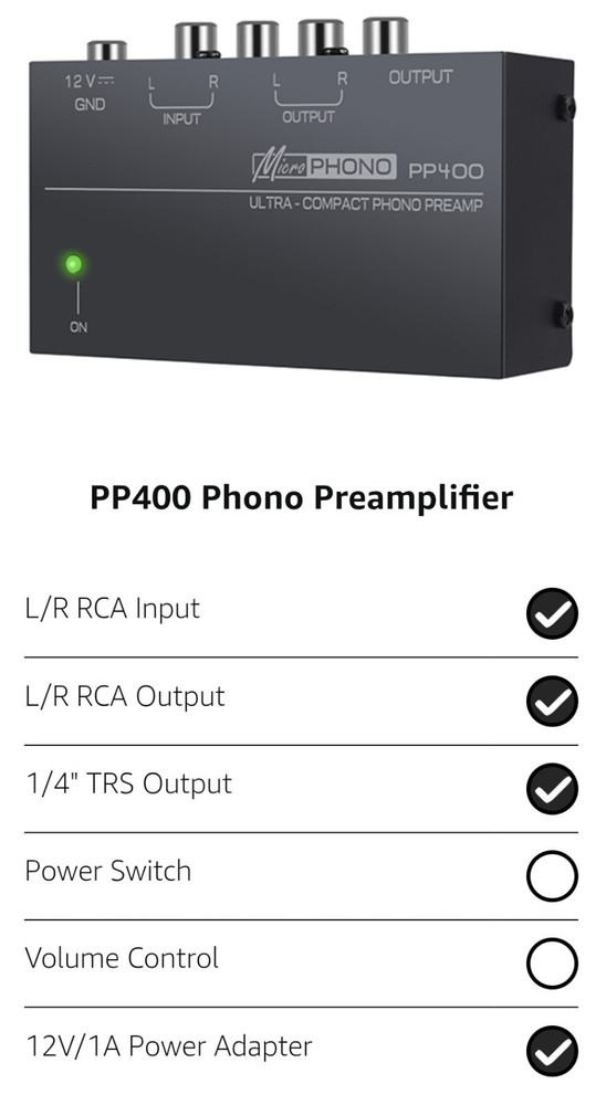 LiNKFOR Phono Preamplifier PP400 + Power Adapter RCA Input Output for Turntable
