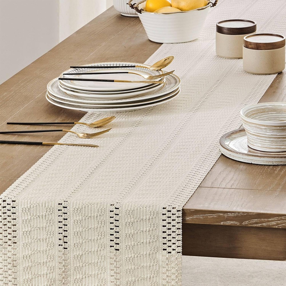 Macrame Style Boho Table Runner, Ivory Table Runners 72 Inches Long, Farmhous...