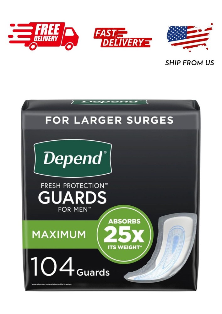 Depend Incontinence Guards/Bladder Control Pads for Men, Maximum Absorbency, 104
