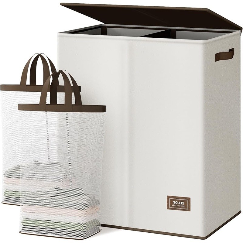 Durable 2 Section Laundry Hamper W/ Lid Removable Inner Bags Collapsible Design