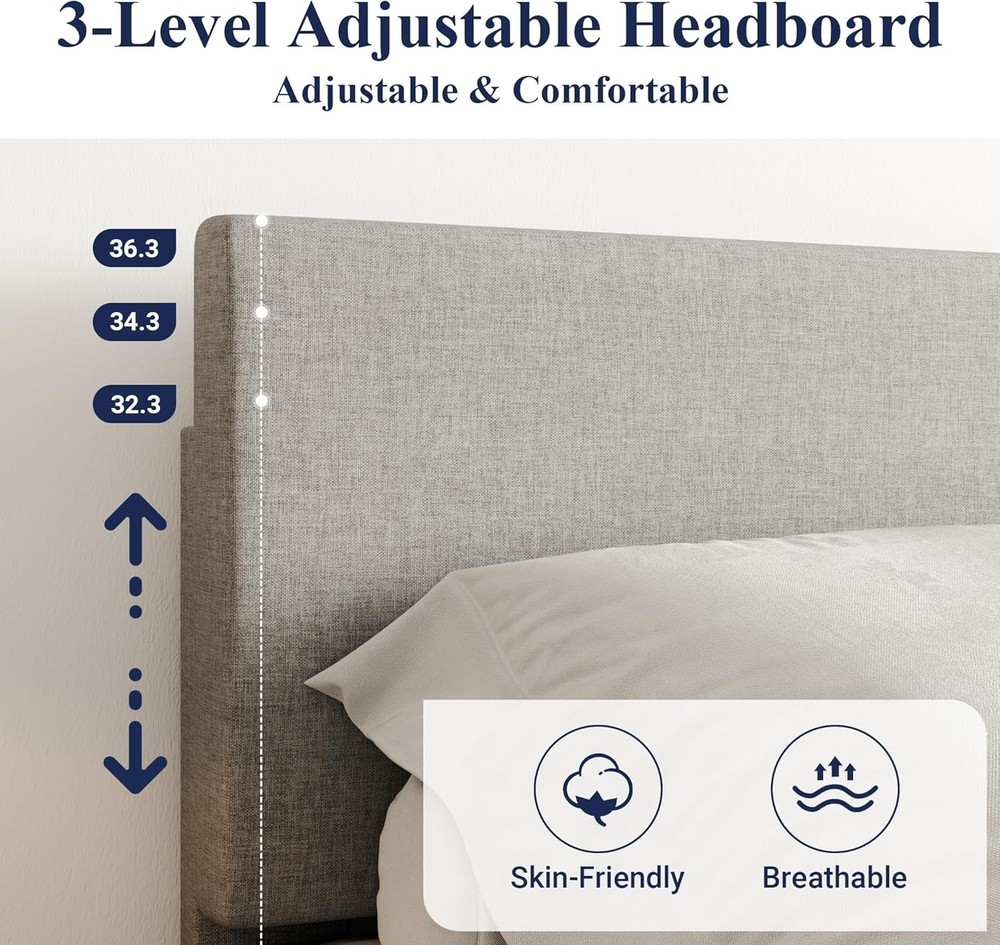 Sleek Linen Upholstered King Bed Frame, Adjustable Headboard