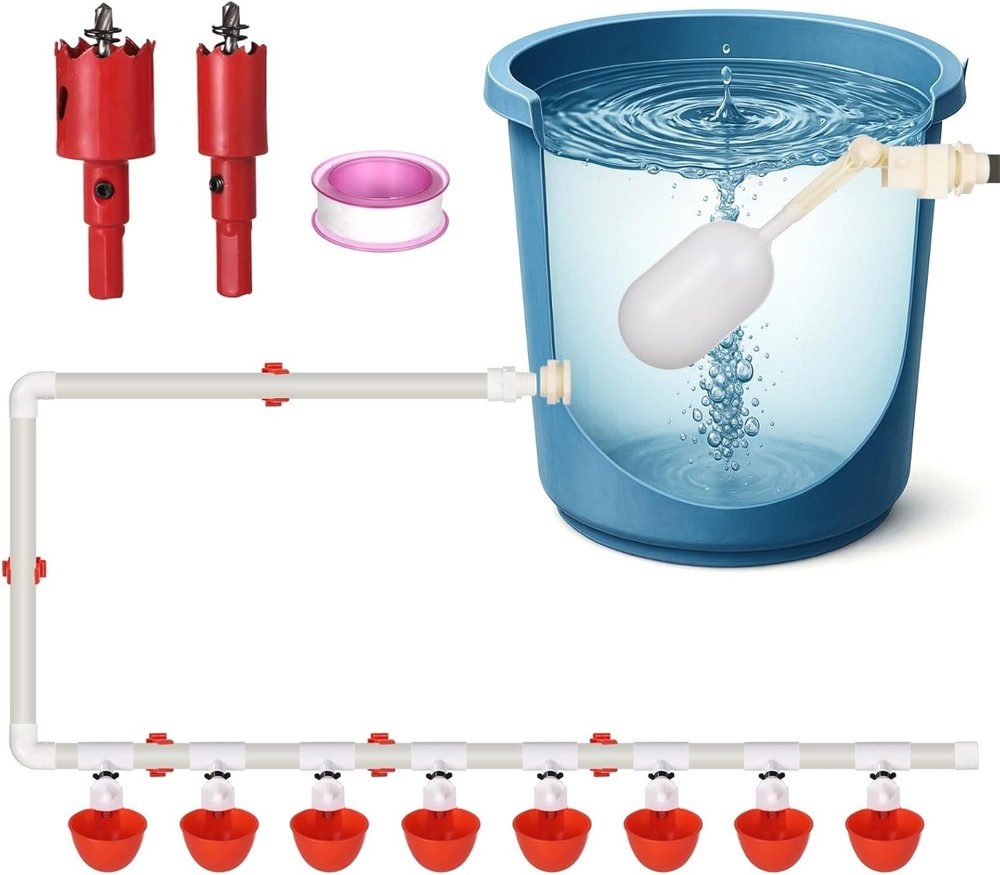 Automatic Chicken Waterer System - Complete PVC Pipelines Set with 8 Deep Drinki