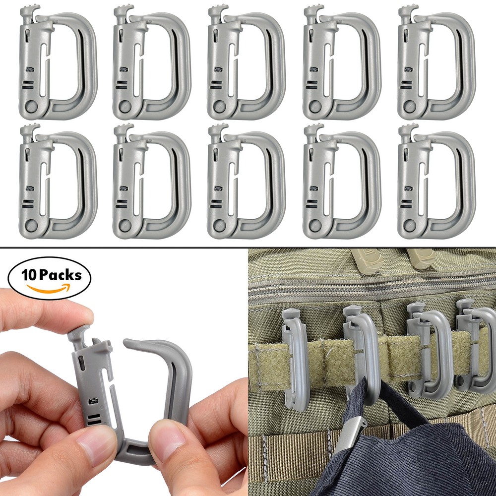 Pack of 10 Grey Locking for Molle Webbing Multipurpose Grimloc D-Ring with Bag