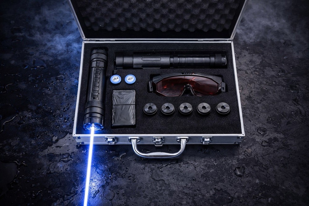 Rechargeable Blue Laser Pointer Pen 405nm Adjustable Focus w/ Case & Accessories