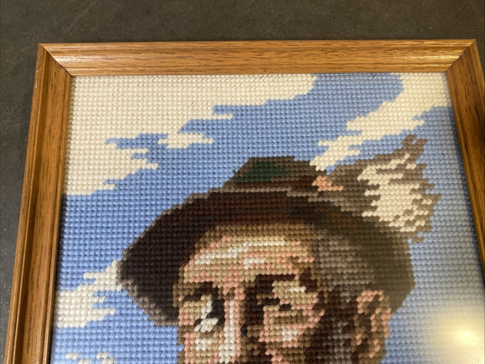 Vintage Needlepoint Old Man With Beard Smoking Pipe Framed Needlepoint