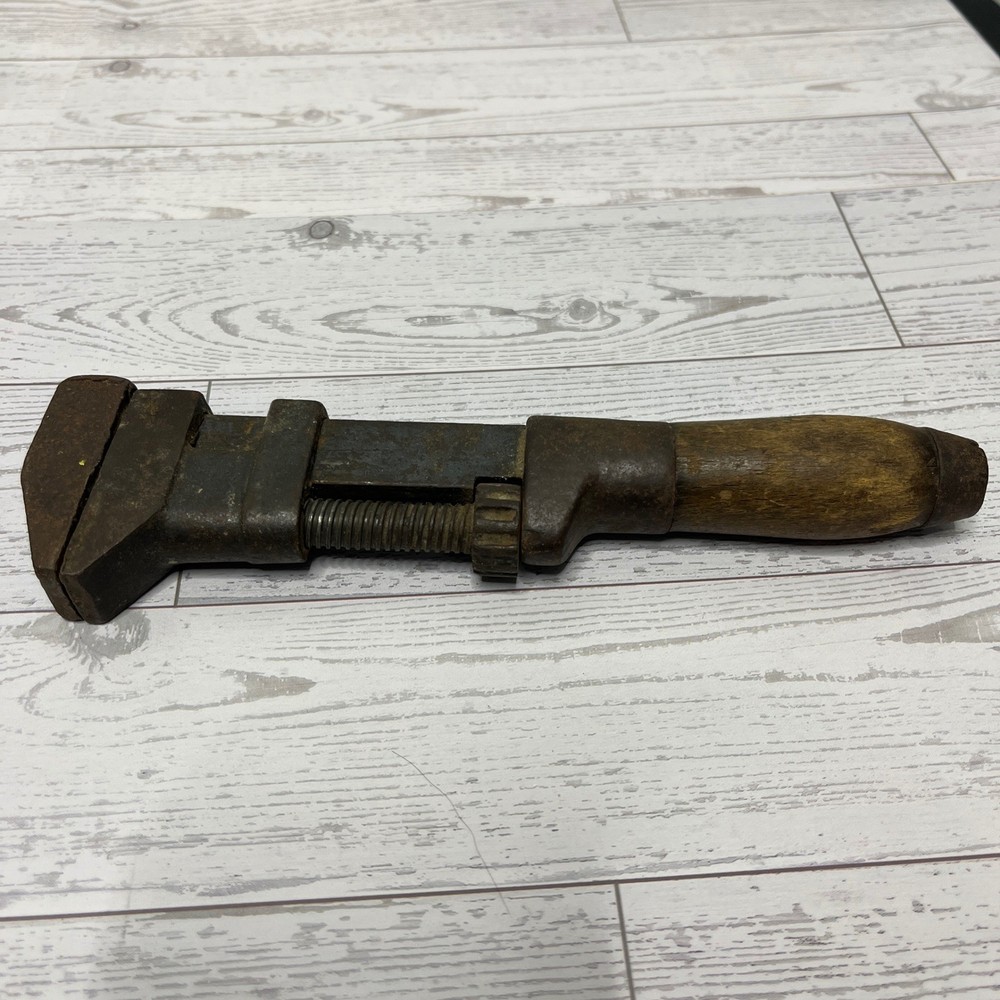 Vintage Adjustable Monkey Wrench Wooden Handle Rustic Tool