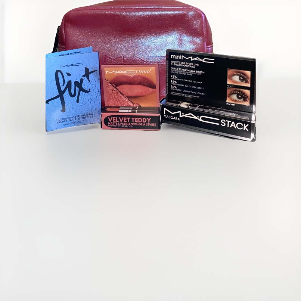 MAC BAG W/  VELVET TEDDY MATTE LIPSTICK , MAC STACK MASCARA , FIX SETTING SPRAY