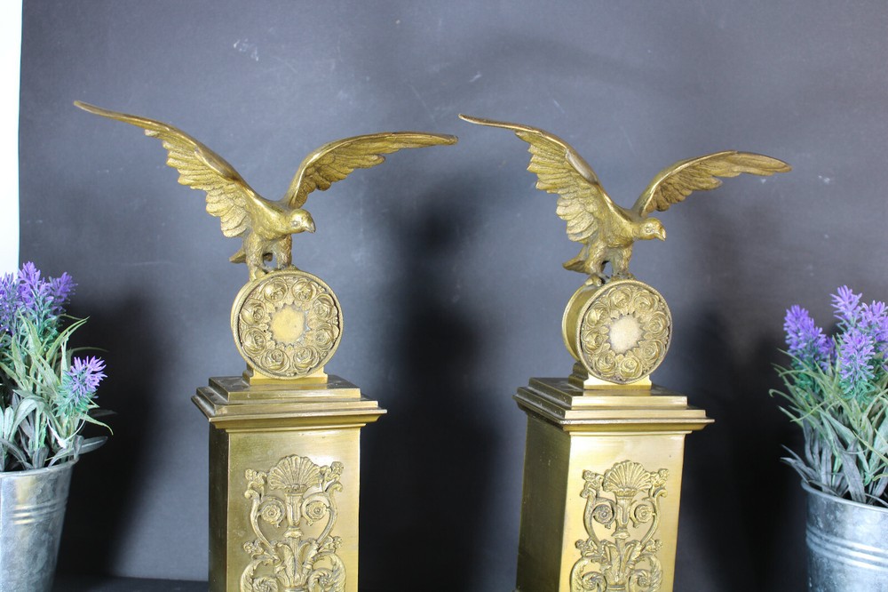 PAIR Antique bronze fireplace andirons eagle empire design