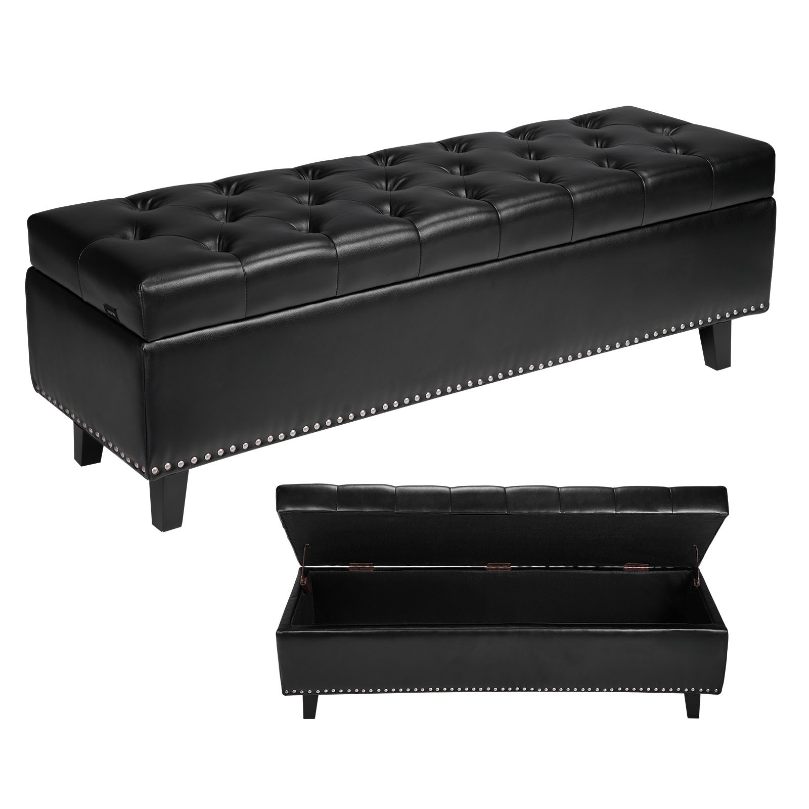 Uimoso Button-Tufted Storage Ottoman Bench PU Leather Bench with Wood Legs Black