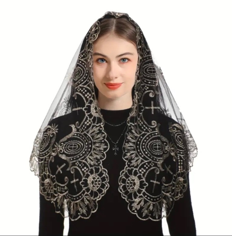 Sacred Heart Jesus Embroidered Veil Mantilla Catholic Church Veil Head Cover
