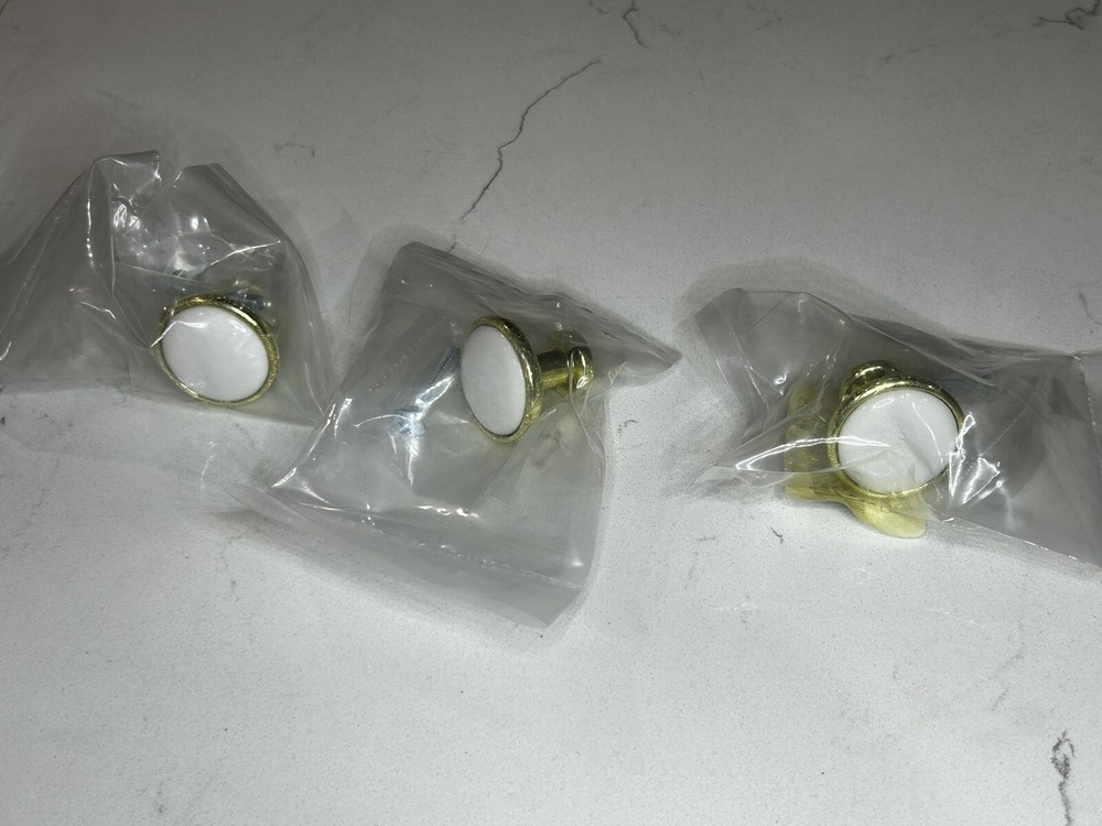 3 Liberty NOS Vtg Brass Ceramic Cabinet Dresser Sideboard Drawer Knobs 1.25"