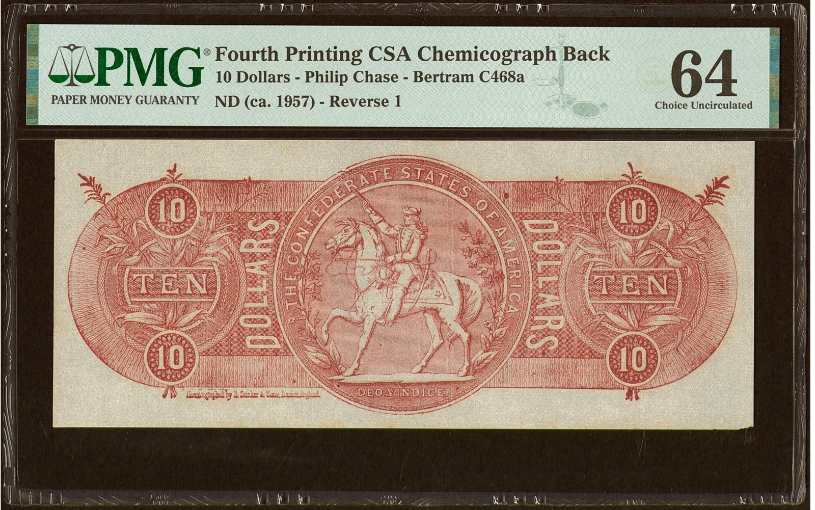 $10 Confederate States Chemicograph Banknote Civil War Paper Money, PMG UNC 64