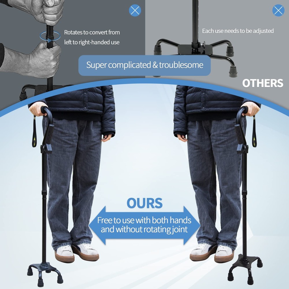 Adjustable Walking Cane with 4-Pronged Base for Stability - Foldable for Seniors