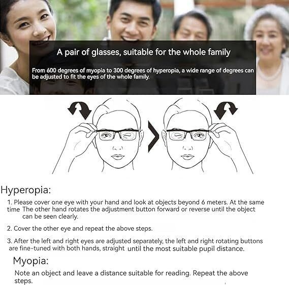 Dial Adjustable Glasses Variable Focus For Reading Distance Vision Eyeglasses US