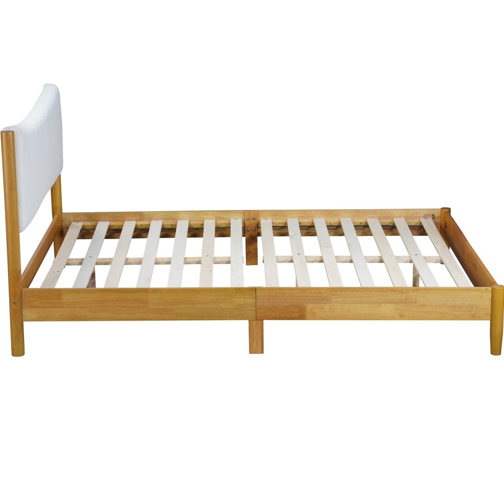 Queen Size Solid Wood Platform Bed Frame with Upholstered Headboard Natural