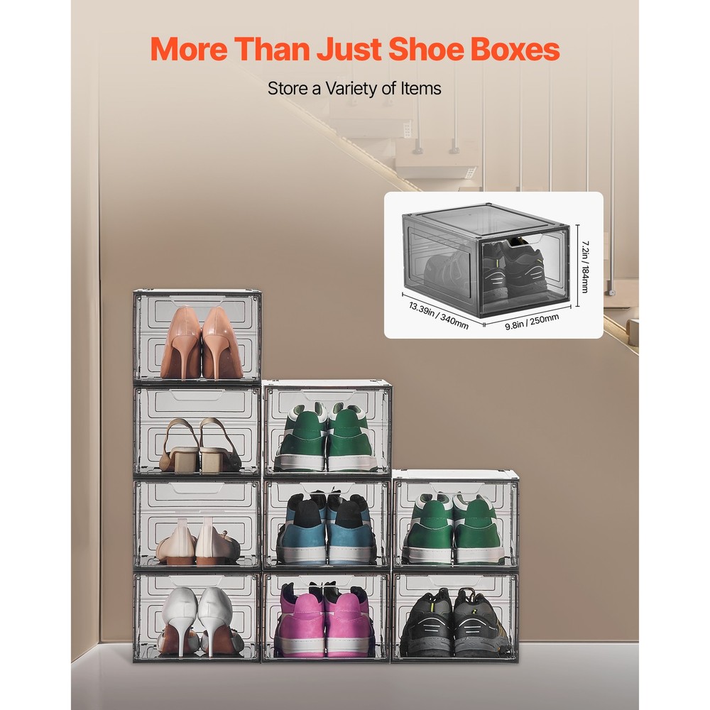 Shoe Storage Boxes 9 Pack Stackable Shoe Boxes US Size 13 Transparent Black