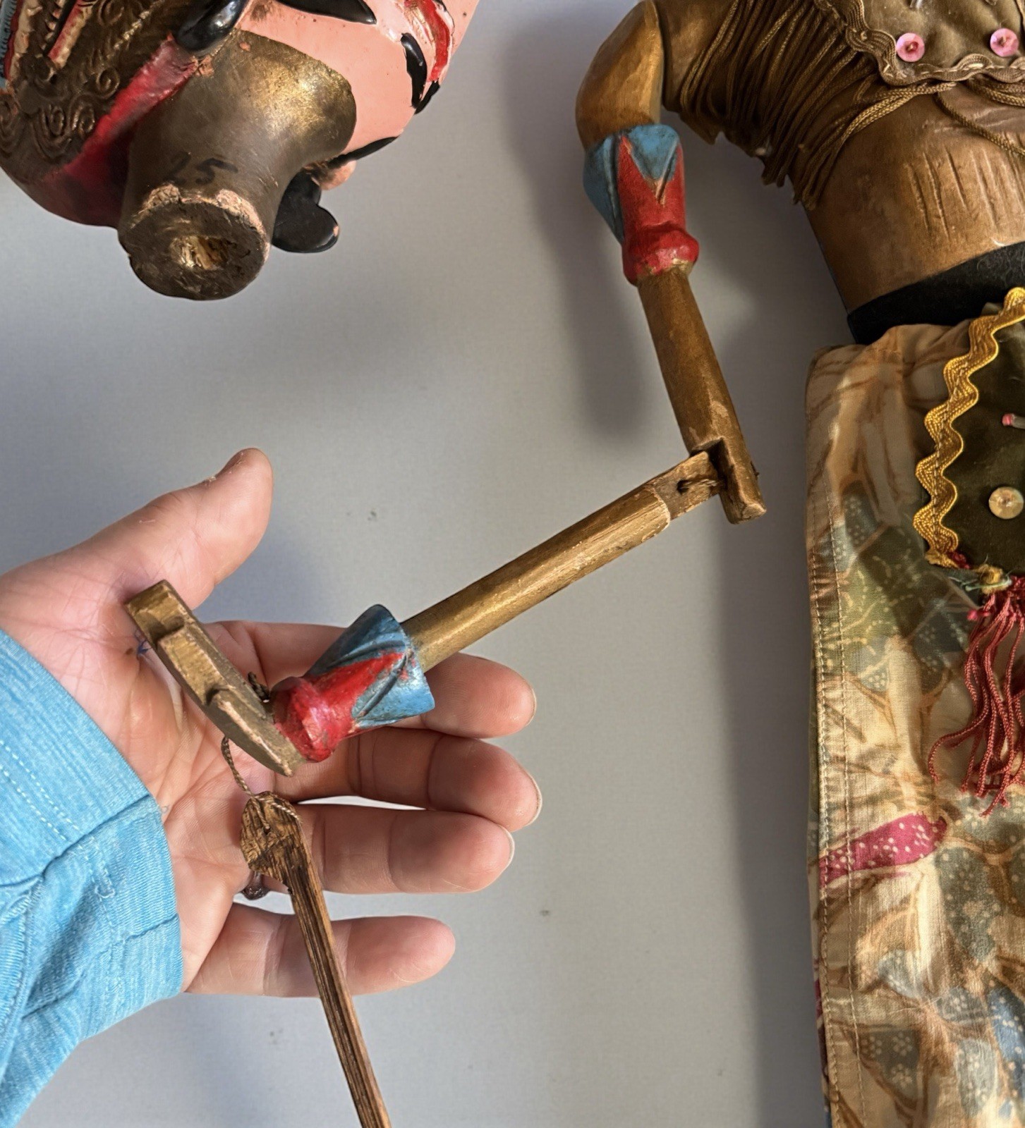 Old wayang golek handcarved wood rod puppet Indonesia 28”