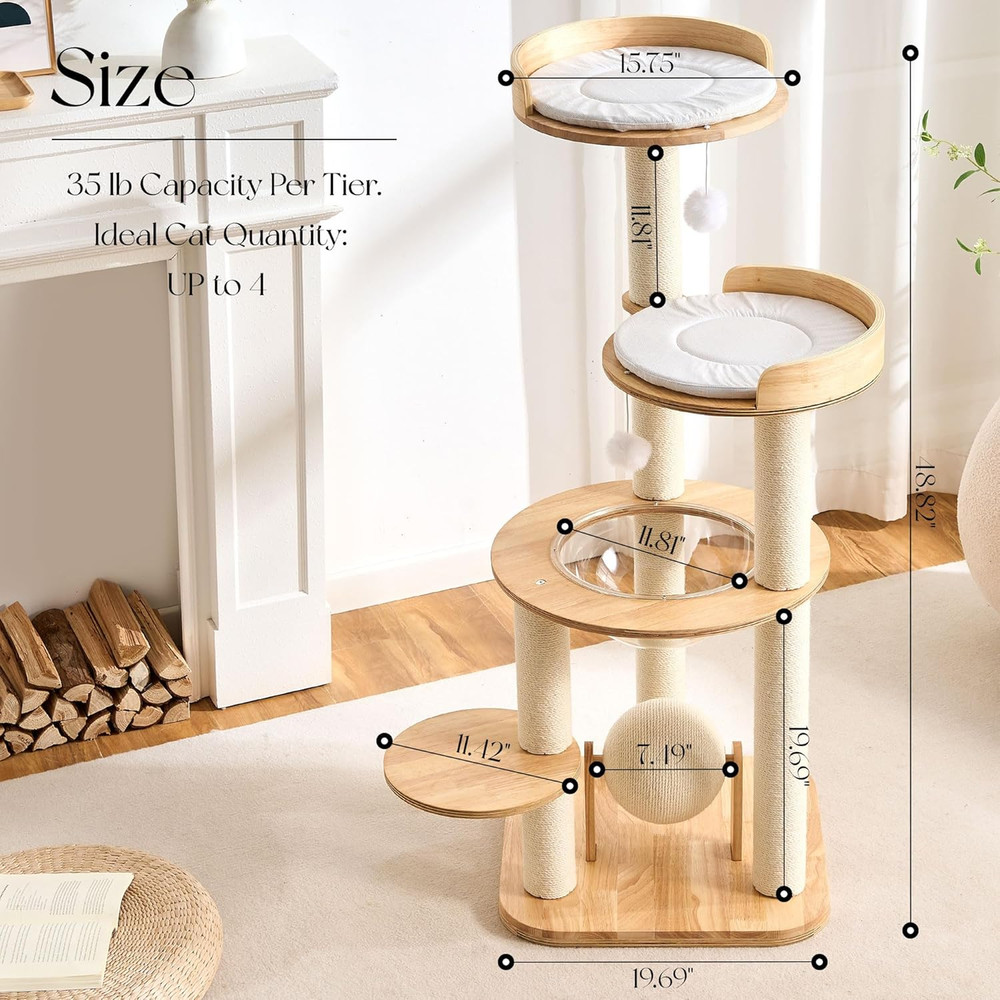 Modern Solid Wood Cat Tree Tower, 49" Tall Cat Tree with Sisal Scratching Posts