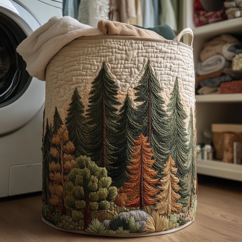 Pine Forest Quilted Laundry Basket Evergreen Tree Storage Hamper Woodland Bin