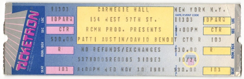 Vintage 1988 Patti Austin David Benoit Complete Concert Ticket Stub New York NY