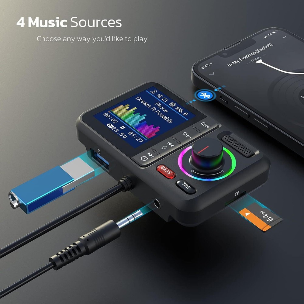 Bluetooth 5.0 Car Wireless FM Transmitter Adapter 2USB PD Charger Hands-free