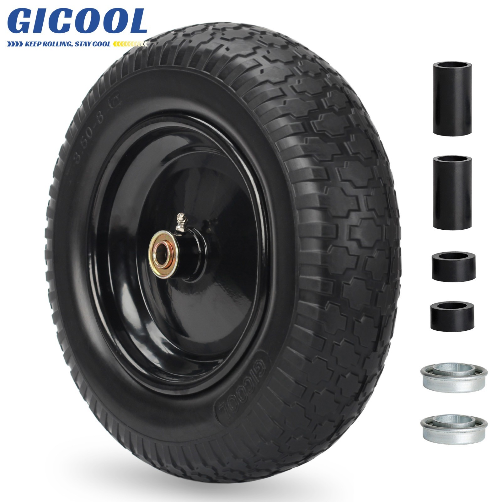 14.5 x 3.50-8 Flat free Tire & Wheel for Wheelbarrow Garden Wagon Trolley Cart