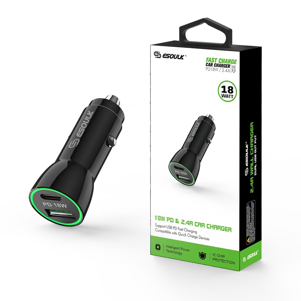 18W PD & USB-A Car Adapater In Black