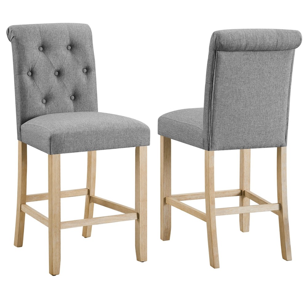 Counter Height Button Tufted Back Solid Wood Stools, Set of 2, Gray