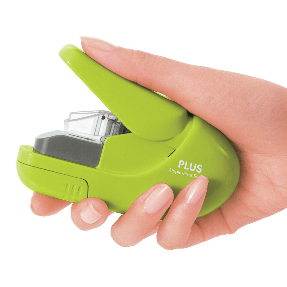 Plus Paper Clinch Compact Staple-Free Stapler, Green