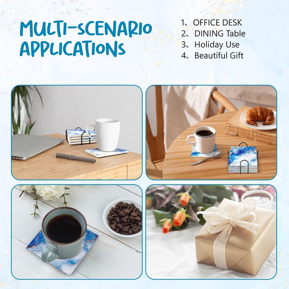 Blue Absorbent Ceramic Coasters for Drinks with Black Holder and Cork Base Se...