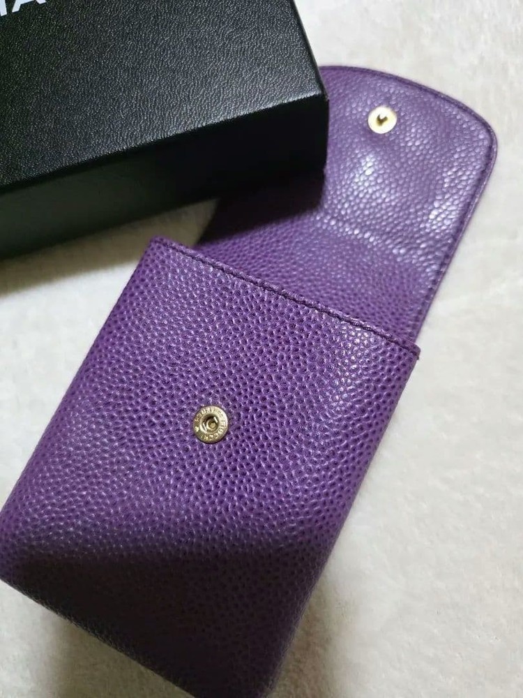 CHANEL Purple Violet Cigarette Case Leather Coco Mark Snap Button Used