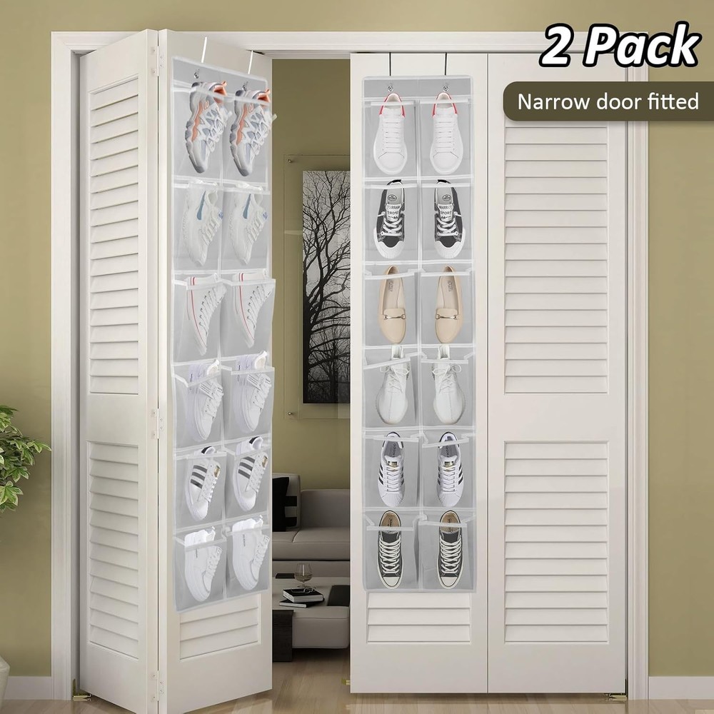 "2PK Over Door Hanging Shoe Organizer - 12 Spacious Pocket Solution "