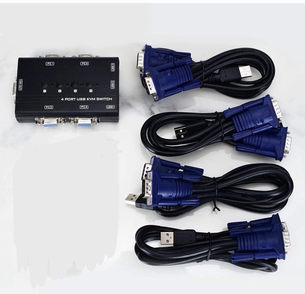 USB VGA KVM Switch with 4 Cables, 4 Port Selector Switcher for 4PC
