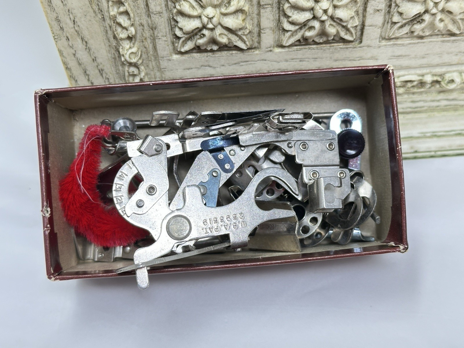 Vintage Max Klein Sewing Box Faux Wood Plastic Storage with Contents Supplies