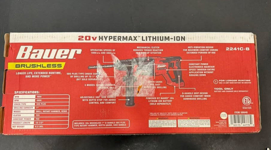 BAUER 20V Brushless 1" D-Handle SDS Plus Type Rotary Hammer TOOL ONLY (2241C-B)