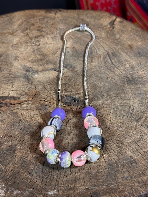 Old Beaded Costume Necklace on Silver Tone Chain C
