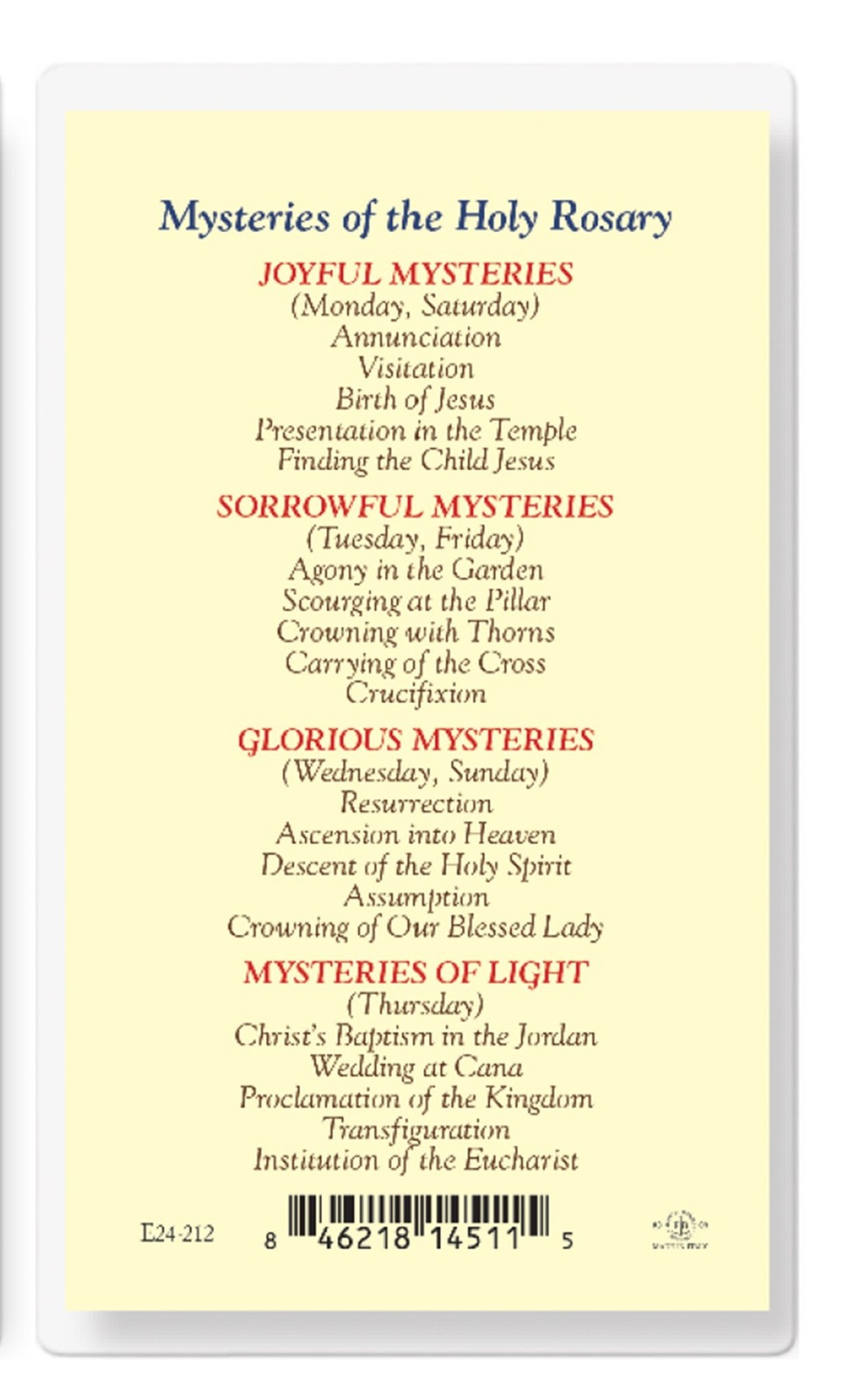 Mysteries of the Rosary Prayer Card Laminated Holy Card Catholic Faith