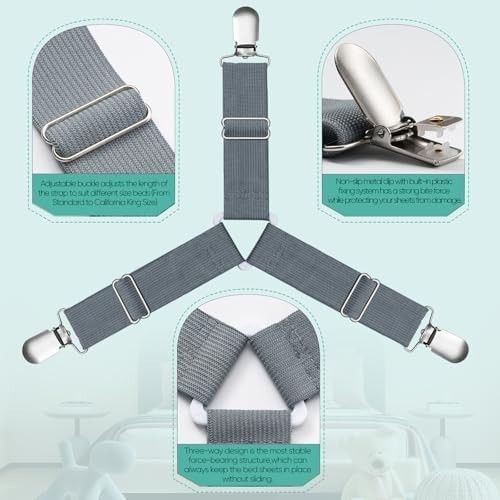 Adjustable Bed Sheet Straps, Fitted Sheet Clips, 4 Pack (Gray)
