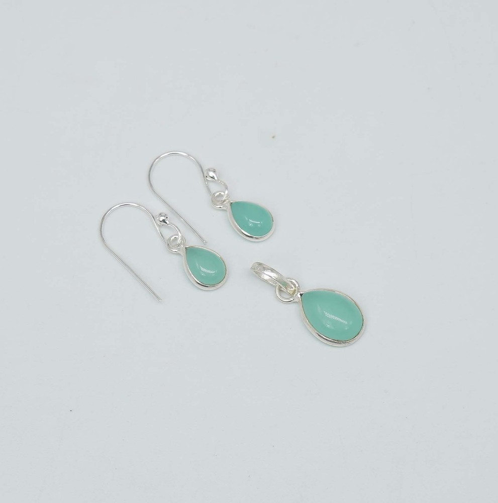 925 Solid Sterling Silver Aqua Chalcedony Hook Earring Pendant Set